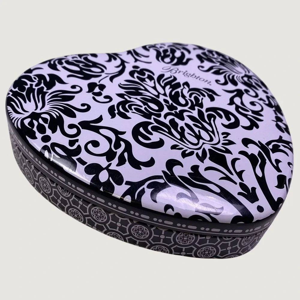 Brighton‎ Heart Shaped Metal Tin Box Black & White Jewelry Trinket Case With Lid
